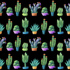 Regular seamless pattern with cute cacti, tall, round, prickly pear, agave, houseplants in pots, hand drawn illustration on black background. Cute cacti in pots, seamless pattern on black background