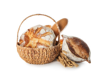 Freshly baked bread products on white background