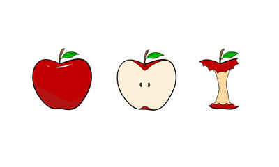 Hand drawn vector illustration of red apples in 3 different shapes