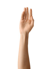 Obraz premium Female hand on white background