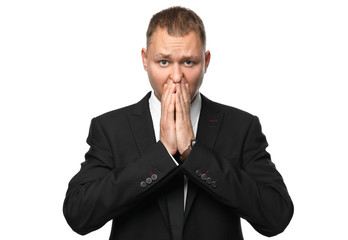 Businessman having panic attack on white background