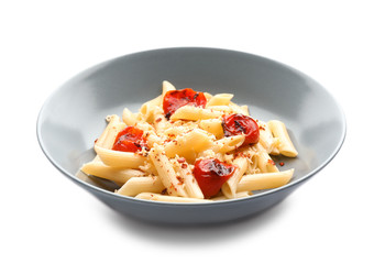 Plate with tasty penne pasta on white background