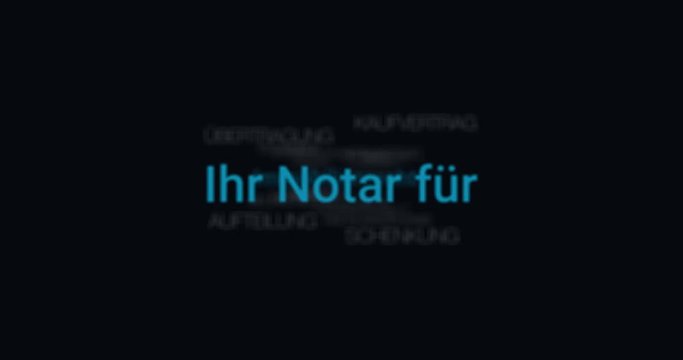 Intro welches die Leistungen eines Notars zeigt. Schwarzer Hintergrund, blaue Schrift