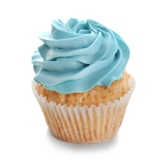 Tasty cupcake on white background