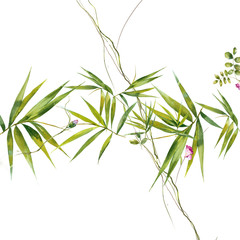 Watercolor painting of leaf and flowers, seamless pattern on white background