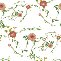 Watercolor painting of leaf and flowers, seamless pattern on white background