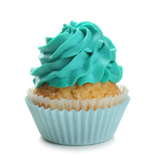Tasty cupcake on white background