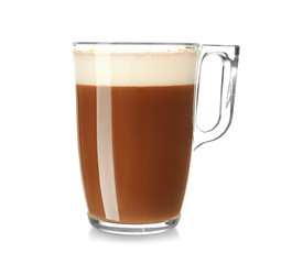 Glass cup of tasty aromatic coffee on white background