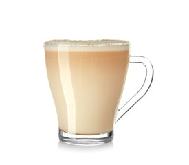 Glass cup of tasty aromatic coffee on white background