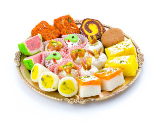 Indian Traditional Mix Sweet Food or Mix Mithai include Peda, Mawa Burfi, Dry Fruits Sweet, Halwa or Coconut Burfi