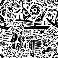 Subject sea and ocean.Template with aquatic inhabitants. Ships and marine inhabitants. Cute drawings on a white background. Vector graphics.