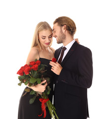 Young man proposing to his beloved on white background