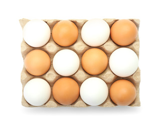 Raw chicken eggs on white background