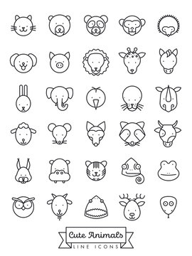 Cute animal faces line icon vector illustration