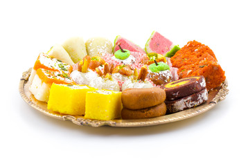 Indian Traditional Mix Sweet Food or Mix Mithai include Peda, Mawa Burfi, Dry Fruits Sweet, Halwa or Coconut Burfi