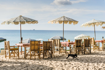 Tables under umbrellas in a cafe on the beach