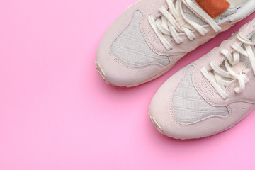 sneakers on pink background.