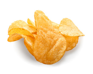 Tasty crispy potato chips on white background
