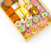 Indian Traditional Mix Sweet Food or Mix Mithai include Peda, Mawa Burfi, Dry Fruits Sweet, Halwa or Coconut Burfi