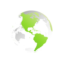 3D planet Earth globe. Transparent sphere with green land silhouettes. Focused on Americas.