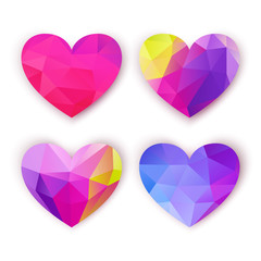 Valentine card, four colorful polygonal hearts set on white background. Vector illustration, great design element for brochure, banner, cover, booklet, flyer, web, UI, card, poster and other