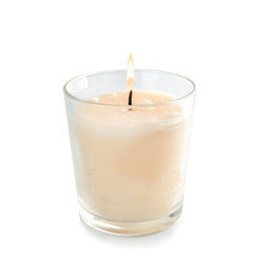 Burning candle on white background