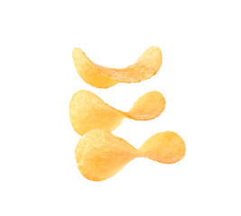 Tasty crispy potato chips on white background