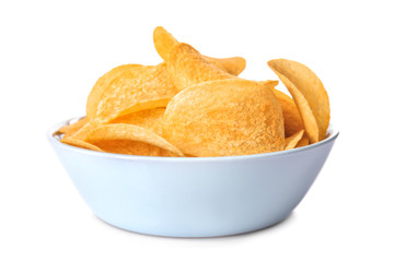 Bowl with tasty crispy potato chips on white background