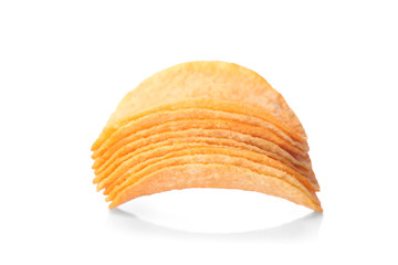 Tasty crispy potato chips on white background