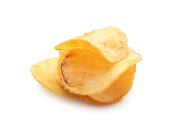 Tasty potato chips on white background