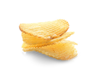 Tasty potato chips on white background