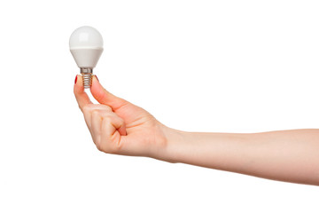 Light bulb in woman hand on white background