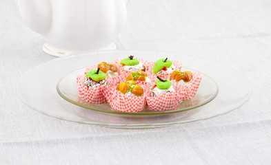 Indian Traditional Mix Sweet Food or Mix Mithai include Peda, Mawa Burfi, Dry Fruits Sweet, Halwa or Coconut Burfi