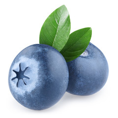 Ripe blueberries with green leaves, isolated on white background
