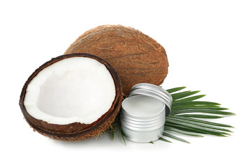 Coconut oil for hair care on white background