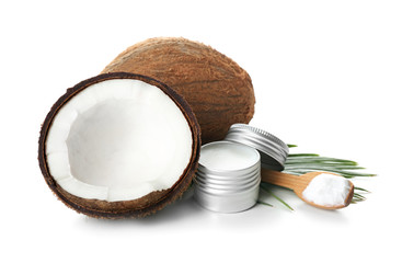 Coconut oil for hair care on white background