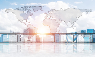 Concept of global communication and networking with world map over cityscape