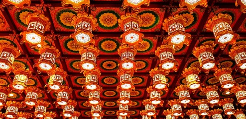 Many red lamp hanging on ceiling for annual festival in Chinese temple - Culture, Traditional, Group of object, Art and Decoration concept  