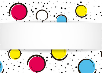 Pop art colorful confetti background. Big colored spots and circles on white background with black dots and ink lines. Banner with 3d paper plate in pop art style. Cute template for flyer, sale, ad
