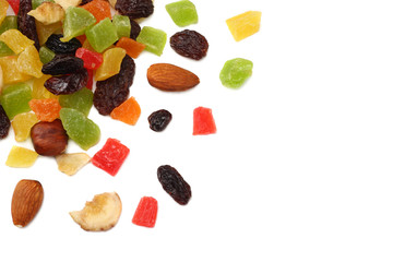 candied fruits mix with raisins, almonds, hazelnut. muesli. healthy food. fitness food. top view