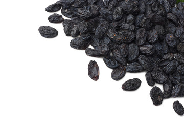 black raisins isolated on white background. top view