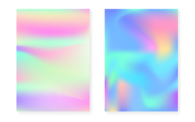 Holographic gradient background set with hologram cover. 90s, 80s retro style. Iridescent graphic template for book, annual, mobile interface, web app. Colorful minimal holographic gradient.