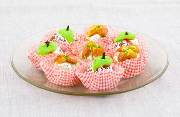 Indian Traditional Mix Sweet Food or Mix Mithai include Peda, Mawa Burfi, Dry Fruits Sweet, Halwa or Coconut Burfi