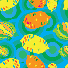 60's Lemons-Fruit Delight seamless Repeat Pattern illustration .Background in yellow orange Red blue and Green. Retro Pattern Background. Surface pattern Design, Perfect for Fabric, Scrapbook