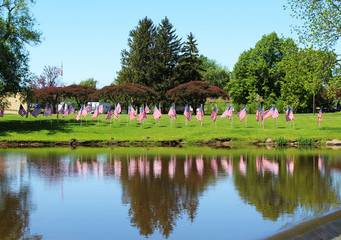 Fototapeta na wymiar Memorial Day flags on the banks of the stream