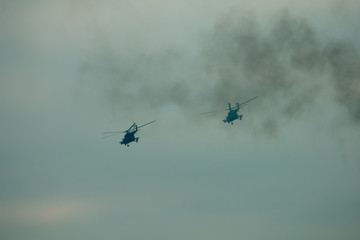 Military helicopter fired anti-armor missiles at sunset