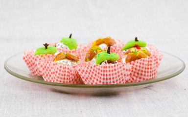 Indian Traditional Mix Sweet Food or Mix Mithai include Peda, Mawa Burfi, Dry Fruits Sweet, Halwa or Coconut Burfi