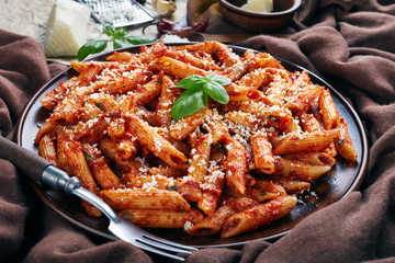 italian penne arrabiata with hot tomato sauce