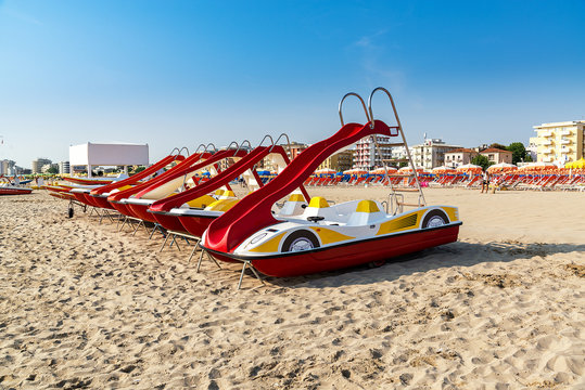 Emilia-Romagna, Italy, boats on the beach. The famous resort of Rimini