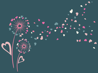 Blue and pink dandelion flowers summer vector card. Heart shaped feather fluff, leaves, abstract flying petals. Meadow blow ball illustration, feelings and relationships concept. Love symbols design. 